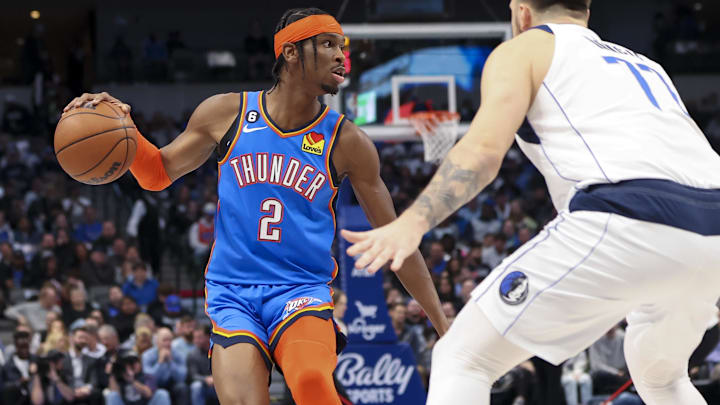 Dec 12, 2022; Dallas, Texas, USA;  Oklahoma City Thunder guard Shai Gilgeous-Alexander (2) dribbles
