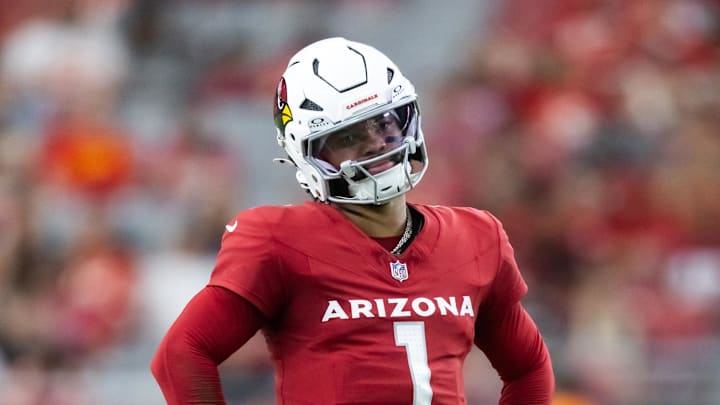 Aug 9, 2025; Glendale, Arizona, USA; Arizona Cardinals quarterback Kyler Murray (1) reacts after a yellow penalty flag is thrown against the Kansas City Chiefs during a preseason NFL game at State Farm Stadium. Mandatory Credit: Mark J. Rebilas-Imagn Images Aug 9, 2025; Glendale, Arizona, USA; Arizona Cardinals quarterback Kyler Murray (1) reacts after a yellow penalty flag is thrown against the Kansas City Chiefs during a preseason NFL game at State Farm Stadium. Mandatory Credit: Mark J. Rebilas-Imagn Images