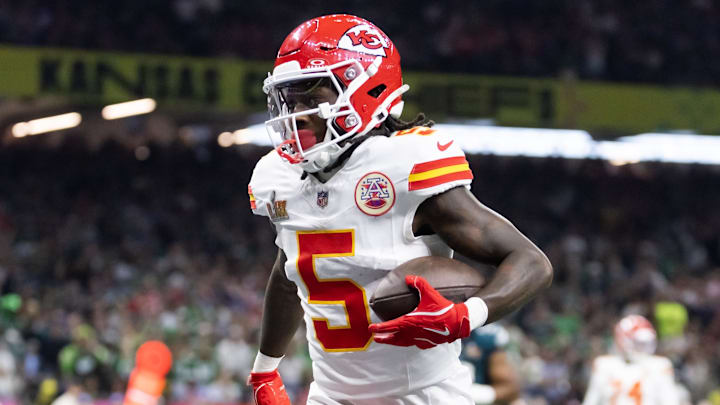 Feb 9, 2025; New Orleans, LA, USA;  Kansas City Chiefs wide receiver Marquise Brown (5) against the Philadelphia Eagles in Super Bowl LIX at Ceasars Superdome. Mandatory Credit: Mark J. Rebilas-Imagn Images
