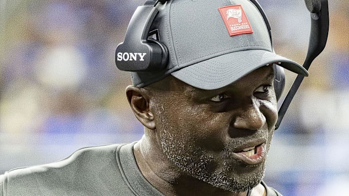 Oct 20, 2025; Detroit, Michigan, USA; Tampa Bay Buccaneers head coach Todd Bowles reacts during the first half at Ford Field. Mandatory Credit: David Reginek-Imagn Images