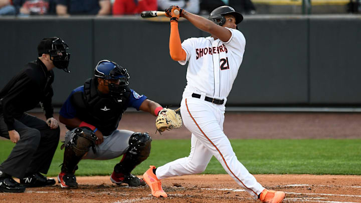 Shorebirds' Samuel Basallo (21) swings in the game against the Cannon Ballers Tuesday, April 11, 2023, at Perdue Stadium in Salisbury, Maryland. The Shorebirds defeated the Cannon Ballers 7-2.