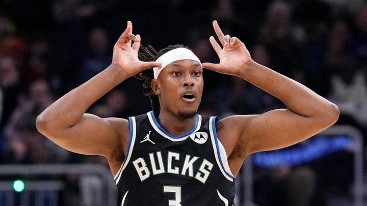 Milwaukee Bucks center Myles Turner (3) puts up the Bucks horns after making a three point basket against the Philadelphia 76ers in the first half at Fiserv Forum on December 5, 2025.