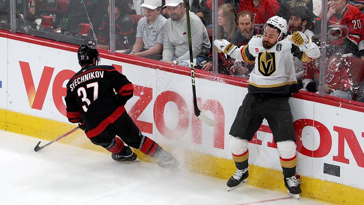 Jun 11, 2026; Raleigh, North Carolina, USA; Carolina Hurricanes right wing Andrei Svechnikov (37) checks Vegas Golden Knights defenseman Rasmus Andersson (4) during the first period in game five of the 2026 Stanley Cup Final at Lenovo Center. Mandatory Credit: Nathan Ray Seebeck-Imagn Images Jun 11, 2026; Raleigh, North Carolina, USA; Carolina Hurricanes right wing Andrei Svechnikov (37) checks Vegas Golden Knights defenseman Rasmus Andersson (4) during the first period in game five of the 2026 Stanley Cup Final at Lenovo Center. Mandatory Credit: Nathan Ray Seebeck-Imagn Images