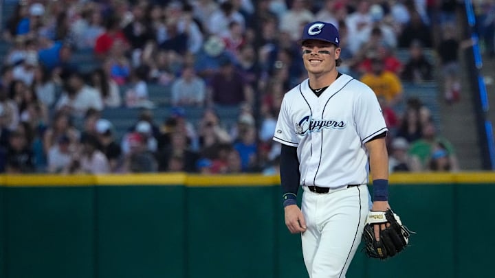 Columbus Clippers Travis Bazzana (12) reacts during the home opener against the Indianapolis Indians at Huntington Park on Tuesday, March 31, 2026 in Columbus, Ohio. Columbus Clippers Travis Bazzana (12) reacts during the home opener against the Indianapolis Indians at Huntington Park on Tuesday, March 31, 2026 in Columbus, Ohio.