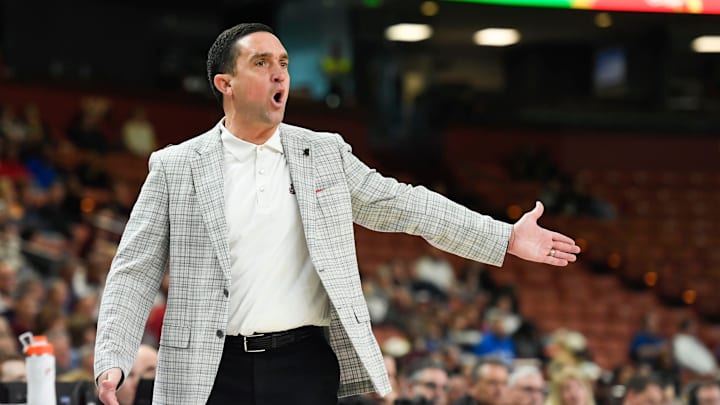 Mississippi State Head Coach Sam Purcell on the court during the second half of the SEC Women's Basketball Tournament game three at the Bon Secours Wellness Arena in Greenville, S.C. Thursday, March 7, 2024.