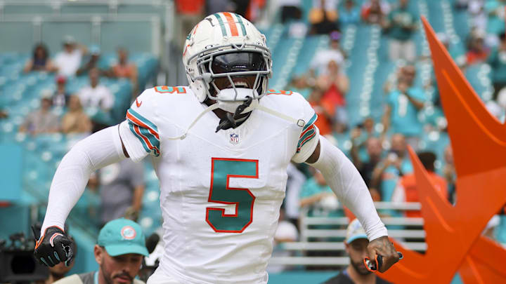 Oct 29, 2023; Miami Gardens, Florida, USA;  Miami Dolphins cornerback Jalen Ramsey (5) reacts prior to the game against the New England Patriots at Hard Rock Stadium. Mandatory Credit: Sam Navarro-Imagn Images