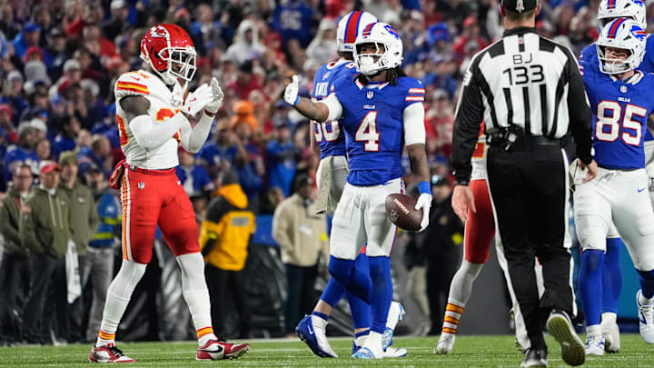 Nov 2, 2025; Orchard Park, New York, USA; Buffalo Bills running back James Cook III (4) celebrates a play in the second quarter against the Kansas City Chiefs
