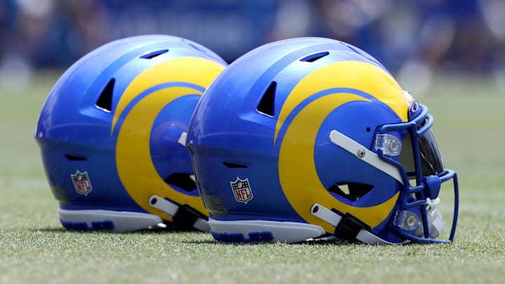Jul 30, 2022; Irvine, CA, USA; A general view of Los Angeles Rams helmets on the field during training camp at University of California Irvine. Mandatory Credit: Kiyoshi Mio-Imagn Images