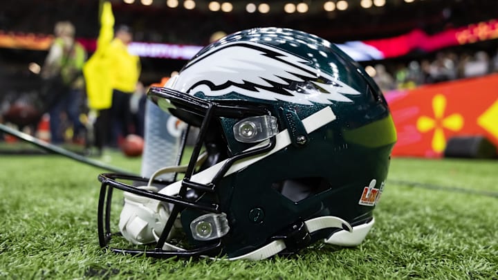 Feb 9, 2025; New Orleans, LA, USA; Detailed view of a Philadelphia Eagles helmet during Super Bowl LIX at Ceasars Superdome. Mandatory Credit: Mark J. Rebilas-Imagn Images Feb 9, 2025; New Orleans, LA, USA; Detailed view of a Philadelphia Eagles helmet during Super Bowl LIX at Ceasars Superdome. Mandatory Credit: Mark J. Rebilas-Imagn Images