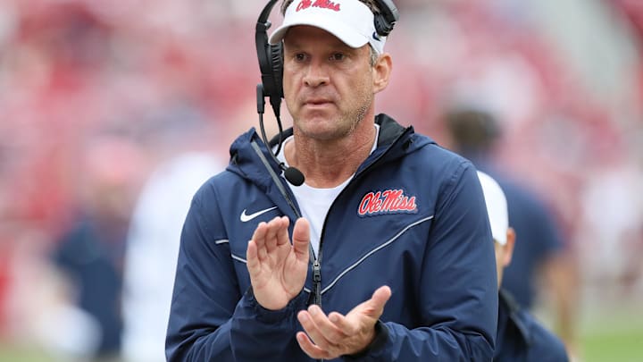 Ole Miss Rebels head coach Lane Kiffin in the fourth quarter against the Arkansas Razorbacks at Donald W. Reynolds Razorback Stadium. Mississippi won 63-31.