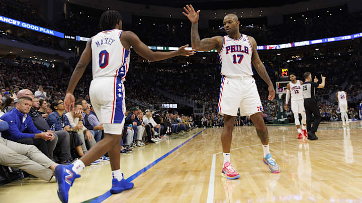 Oct 26, 2023; Milwaukee, Wisconsin, USA; Philadelphia 76ers forward P.J. Tucker (17) high fives guard Tyrese Maxey (0) during the fourth quarter against the Milwaukee Bucks at Fiserv Forum. Mandatory Credit: Jeff Hanisch-Imagn Images Oct 26, 2023; Milwaukee, Wisconsin, USA; Philadelphia 76ers forward P.J. Tucker (17) high fives guard Tyrese Maxey (0) during the fourth quarter against the Milwaukee Bucks at Fiserv Forum. Mandatory Credit: Jeff Hanisch-Imagn Images