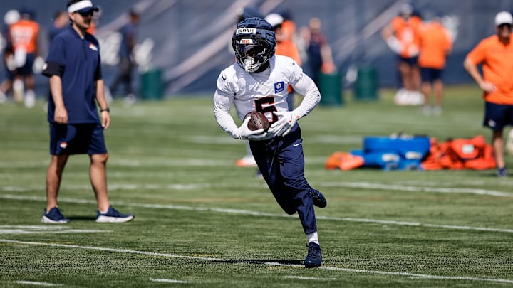 Denver Broncos wide receiver Trent Sherfield Sr. (5) during Denver Broncos Training Camp. Denver Broncos wide receiver Trent Sherfield Sr. (5) during Denver Broncos Training Camp.