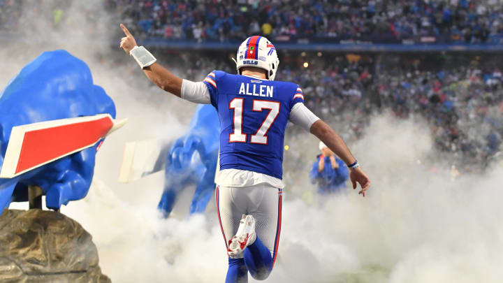 Dec 17, 2023; Orchard Park, New York, USA; Buffalo Bills quarterback Josh Allen (17) takes the field before the game against the Dallas Cowboys at Highmark Stadium. Mandatory Credit: Mark Konezny-USA TODAY Sports