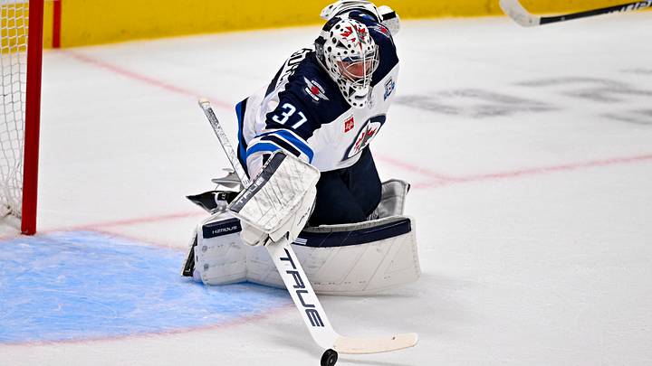 Apr 2, 2026; Dallas, Texas, USA; Winnipeg Jets goaltender Connor Hellebuyck (37) makes a stick save during the first period against the Dallas Stars at the American Airlines Center. Mandatory Credit: Jerome Miron-Imagn Images Apr 2, 2026; Dallas, Texas, USA; Winnipeg Jets goaltender Connor Hellebuyck (37) makes a stick save during the first period against the Dallas Stars at the American Airlines Center. Mandatory Credit: Jerome Miron-Imagn Images