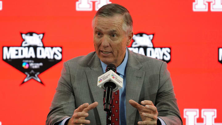 Jul 9, 2025; Frisco, TX, USA; Houston head coach Willie Fritz speaks with the media during 2025 Big 12 Football Media Days at The Star. Mandatory Credit: Raymond Carlin III-Imagn Images