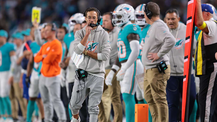 Miami Dolphins head coach Mike McDaniel stands on the sidelines during the second quarter against the Baltimore Ravens at Hard Rock Stadium. Miami Dolphins head coach Mike McDaniel stands on the sidelines during the second quarter against the Baltimore Ravens at Hard Rock Stadium.