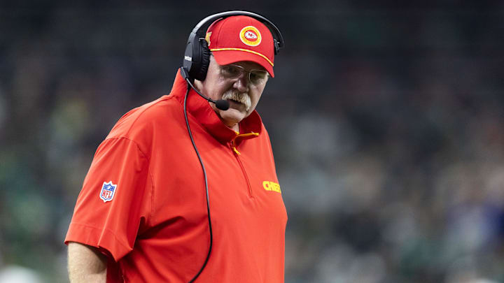 Feb 9, 2025; New Orleans, LA, USA;  Kansas City Chiefs head coach Andy Reid against the Philadelphia Eagles in Super Bowl LIX at Ceasars Superdome. Mandatory Credit: Mark J. Rebilas-Imagn Images
