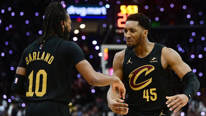 May 5, 2024; Cleveland, Ohio, USA; Cleveland Cavaliers guard Donovan Mitchell (45) celebrates with guard Darius Garland (10) after Garland hit a three point basket during the second half against the Orlando Magic in game seven of the first round for the 2024 NBA playoffs at Rocket Mortgage FieldHouse. Mandatory Credit: Ken Blaze-Imagn Images May 5, 2024; Cleveland, Ohio, USA; Cleveland Cavaliers guard Donovan Mitchell (45) celebrates with guard Darius Garland (10) after Garland hit a three point basket during the second half against the Orlando Magic in game seven of the first round for the 2024 NBA playoffs at Rocket Mortgage FieldHouse. Mandatory Credit: Ken Blaze-Imagn Images