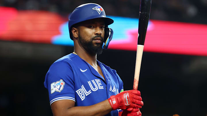 Apr 19, 2026; Phoenix, Arizona, USA; Toronto Blue Jays outfielder Eloy Jimenez against the Arizona Diamondbacks at Chase Field. Mandatory Credit: Mark J. Rebilas-Imagn Images