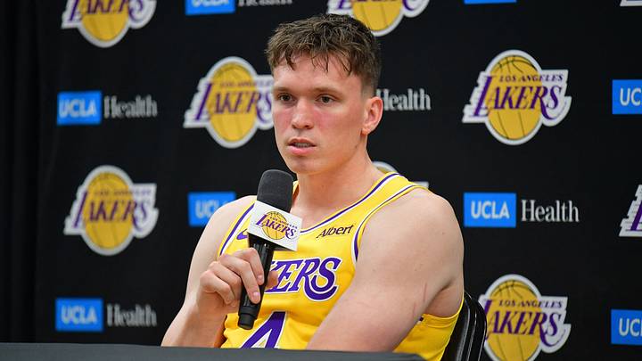 Sep 28, 2026; El Segundo, CA, USA; Los Angeles Lakers player Dalton Knecht (4) during media day at UCLA Health Training Center.  Mandatory Credit: Gary A. Vasquez-Imagn Images