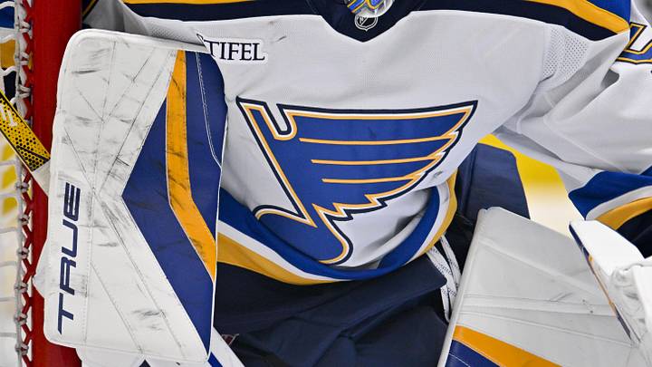 Mar 2, 2025; Dallas, Texas, USA; A view of the logo on the jersey of St. Louis Blues goaltender Jordan Binnington (50) during the game between the Dallas Stars and the St. Louis Blues at the American Airlines Center. Mandatory Credit: Jerome Miron-Imagn Images