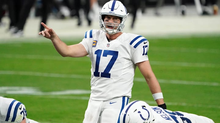 Dec 13, 2020; Paradise, Nevada, USA; Indianapolis Colts quarterback Philip Rivers (17) gestures at the line of scrimmage in the fourth quarter against the Las Vegas Raiders at Allegiant Stadium. Mandatory Credit: Kirby Lee-Imagn Images Dec 13, 2020; Paradise, Nevada, USA; Indianapolis Colts quarterback Philip Rivers (17) gestures at the line of scrimmage in the fourth quarter against the Las Vegas Raiders at Allegiant Stadium. Mandatory Credit: Kirby Lee-Imagn Images