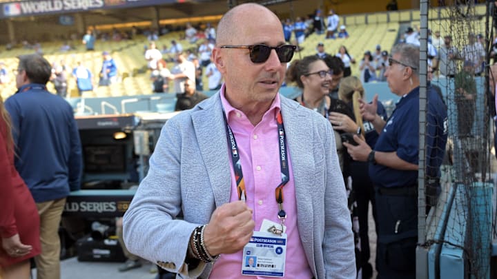 Oct 25, 2024; Los Angeles, California, USA; New York Yankees general manager Brian Cashman before game one against the Los Angeles Dodgers the 2024 MLB World Series at Dodger Stadium. 
