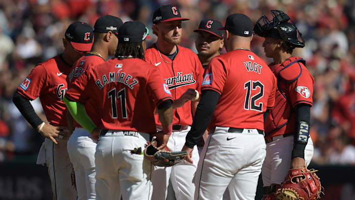 Oct 5, 2024; Cleveland, Ohio, USA; Cleveland Guardians pitcher Tanner Bibee (28) is relieved by Cleveland Guardians manager Stephen Vogt (12) in the fifth inning against the Detroit Tigers in game one of the ALDS for the 2024 MLB Playoffs at Progressive Field. Mandatory Credit: Ken Blaze-Imagn Images
