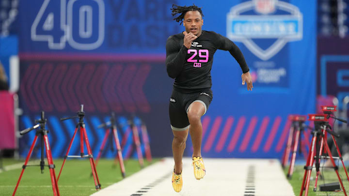 Feb 28, 2025; Indianapolis, IN, USA; Nevada defensive back Kitan Crawford (DB39) runs in the 40 yard dash during the 2025 NFL Combine at Lucas Oil Stadium. Mandatory Credit: Kirby Lee-Imagn Images