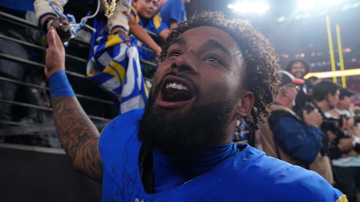 Jan 13, 2025; Glendale, AZ, USA; Los Angeles Rams running back Kyren Williams (23) reacts after the NFC wild card game against the Minnesota Vikings at State Farm Stadium. Mandatory Credit: Joe Camporeale-Imagn Images