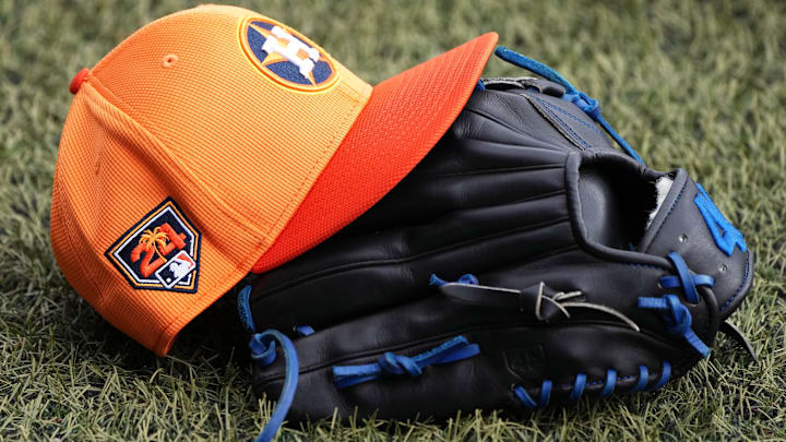 Feb 17, 2024; West Palm Beach, FL, USA; Detail photo of Houston Astros spring training cap. during workouts at spring training. Feb 17, 2024; West Palm Beach, FL, USA; Detail photo of Houston Astros spring training cap. during workouts at spring training.