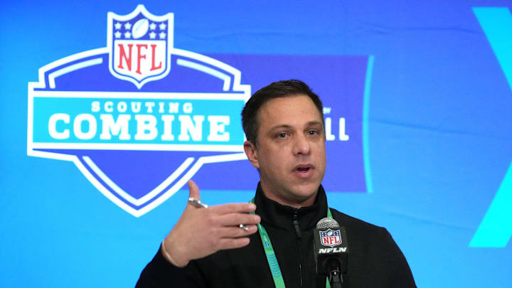 Feb 27, 2024; Indianapolis, IN, USA; Kansas City Chiefs general manager Brett Veach speaks during a press conference at the NFL Scouting Combine at Indiana Convention Center. Mandatory Credit: Kirby Lee-Imagn Images