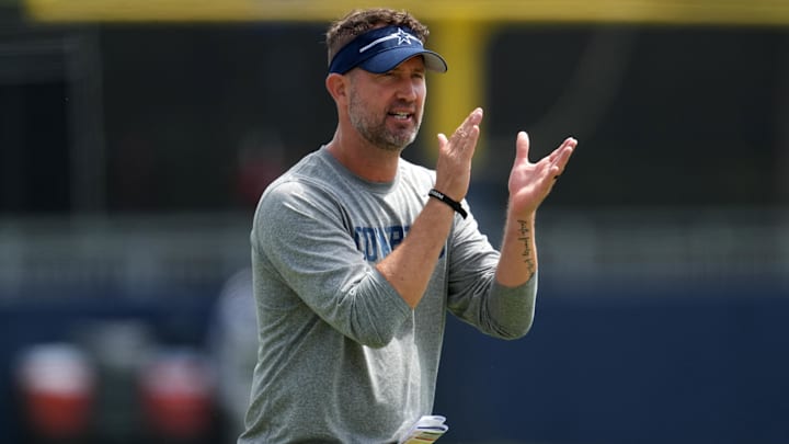 Dallas Cowboys offensive coordinator Brian Schottenheimer during training camp at the River Ridge Fields. Dallas Cowboys offensive coordinator Brian Schottenheimer during training camp at the River Ridge Fields.