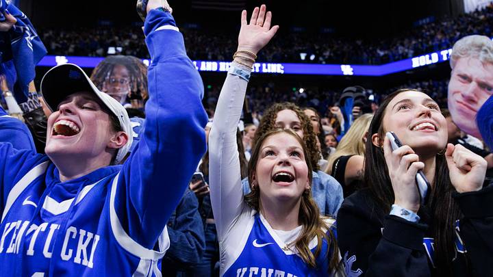 Feb 7, 2026; Lexington, Kentucky, USA; Kentucky Wildcats fans celebrate after Kentucky wins against the Tennessee Volunteers at Rupp Arena at Central Bank Center. Mandatory Credit: Jordan Prather-Imagn Images