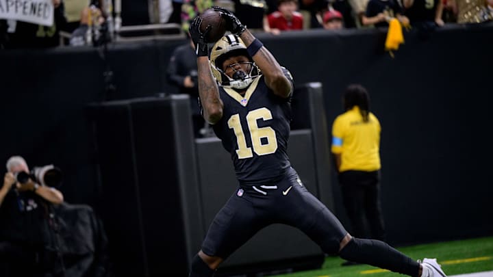 New Orleans Saints wide receiver Bub Means (16) catches a touchdown against the Tampa Bay Buccaneers New Orleans Saints wide receiver Bub Means (16) catches a touchdown against the Tampa Bay Buccaneers