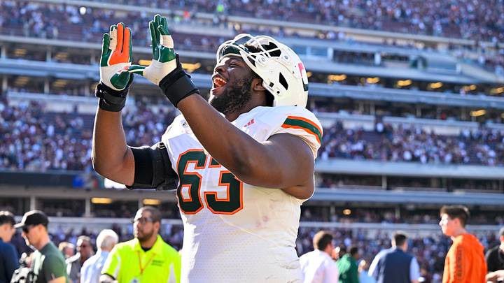 Dec 20, 2025; College Station, TX, USA; Miami Hurricanes offensive lineman Samson Okunlola (63) celebrates the Hurricanes win over the Texas A&M Aggies at Kyle Field. Mandatory Credit: Jerome Miron-Imagn Images