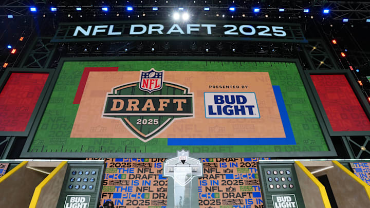 Apr 24, 2025; Green Bay, WI, USA; The Green Bay 2025 logo on the main stage before the NFL Draft at Lambeau Field. Mandatory Credit: Kirby Lee-Imagn Images Apr 24, 2025; Green Bay, WI, USA; The Green Bay 2025 logo on the main stage before the NFL Draft at Lambeau Field. Mandatory Credit: Kirby Lee-Imagn Images