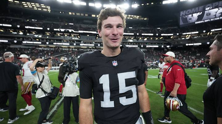 Aug 27, 2026; Paradise, Nevada, USA; Las Vegas Raiders quarterback Fernando Mendoza (15) reacts while walking on the field after a game against the San Francisco 49ers at Allegiant Stadium. Mandatory Credit: Kirby Lee-Imagn Images Aug 27, 2026; Paradise, Nevada, USA; Las Vegas Raiders quarterback Fernando Mendoza (15) reacts while walking on the field after a game against the San Francisco 49ers at Allegiant Stadium. Mandatory Credit: Kirby Lee-Imagn Images