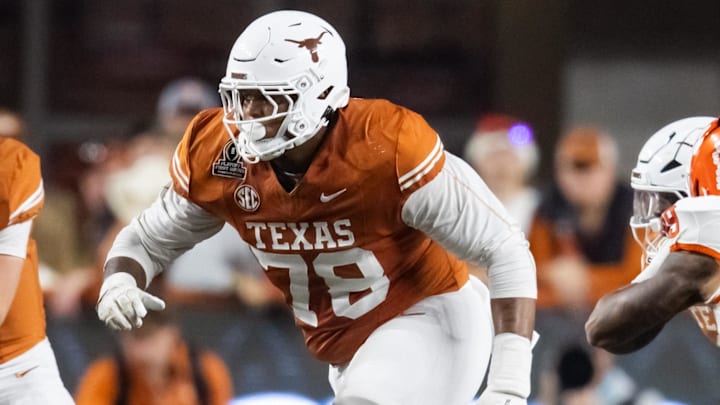 Dec 21, 2024; Austin, Texas, USA; Texas Longhorns offensive lineman Kelvin Banks Jr. (78) against the Clemson Tigers during the CFP National playoff first round at Darrell K Royal-Texas Memorial Stadium. Mandatory Credit: Mark J. Rebilas-Imagn Images