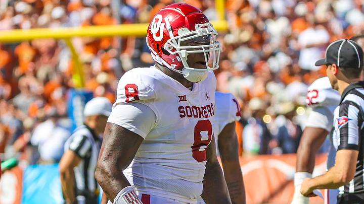 Oklahoma Sooners defensive lineman Perrion Winfrey (8) in action during the game against the Texas Longhorns at the Cotton Bowl in 2021. Winfrey's blocked field goal played a big role in the Sooners' victory. Oklahoma Sooners defensive lineman Perrion Winfrey (8) in action during the game against the Texas Longhorns at the Cotton Bowl in 2021. Winfrey's blocked field goal played a big role in the Sooners' victory.
