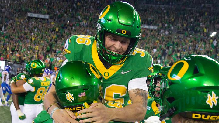 Oregon’s Atticus Sappington celebrates after kicking a game winning field goal against Boise State in the final seconds of the game at Autzen Stadium in Eugene Sept. 7, 2024 Oregon’s Atticus Sappington celebrates after kicking a game winning field goal against Boise State in the final seconds of the game at Autzen Stadium in Eugene Sept. 7, 2024