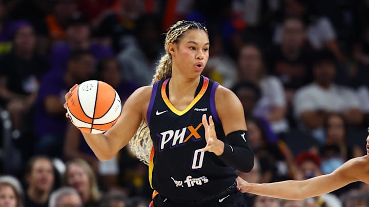 Sep 9, 2025; Phoenix, Arizona, USA; Phoenix Mercury forward Satou Sabally (0) against the Los Angeles Sparks during a WNBA game at PHX Arena. Mandatory Credit: Mark J. Rebilas-Imagn Images