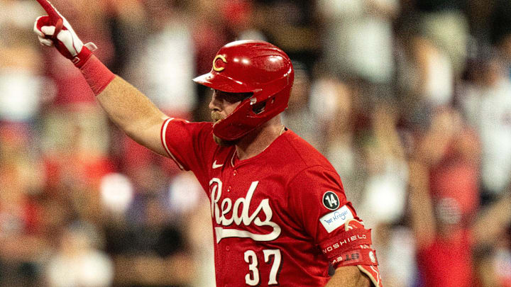 Cincinnati Reds catcher Tyler Stevenson (37) reacts after hitting a 2-run home run in the eighth inning between Cincinnati Reds and Chicago Cubs at Great American Ball Park in Cincinnati on Sept. 20, 2025.