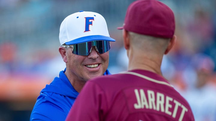 FloridaÕs Kevin OÕ Sullivan and FSUÕs Link Jarrett meet before the start of the game, March 10, 2026, at Condron Family Ballpark in Gainesville, Florida. [Cyndi Chambers/ Gainesville Sun] 2026