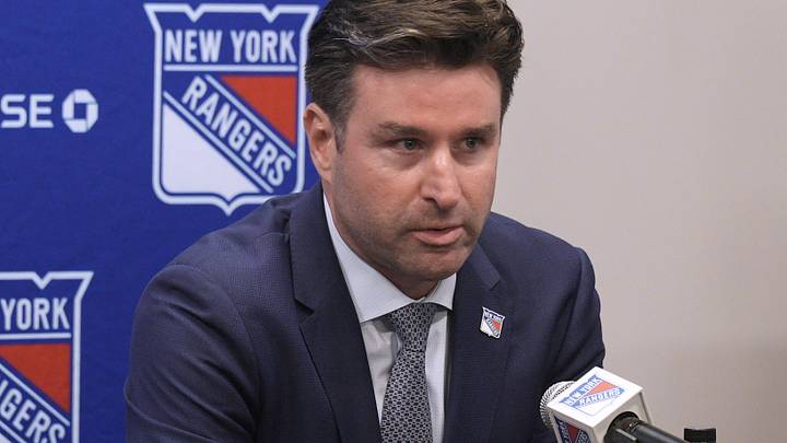 May 8, 2025; Tarrytown, NY, USA; New York Rangers president and general manager Chris Drury speaks during a press conference to introduce new head coach Mike Sullivan at the MSG Training Center in Tarrytown, New York May 8, 2025. Mandatory Credit: Peter Carr/USA TODAY NETWORK via Imagn Images May 8, 2025; Tarrytown, NY, USA; New York Rangers president and general manager Chris Drury speaks during a press conference to introduce new head coach Mike Sullivan at the MSG Training Center in Tarrytown, New York May 8, 2025. Mandatory Credit: Peter Carr/USA TODAY NETWORK via Imagn Images
