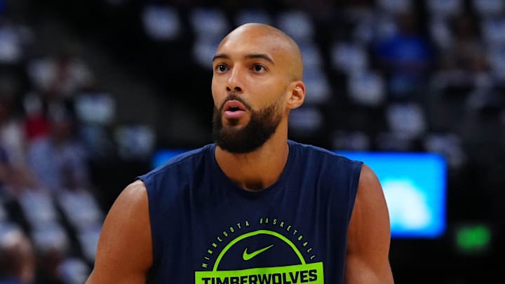 Apr 20, 2026; Denver, Colorado, USA; Minnesota Timberwolves center Rudy Gobert (27) warms up before game two of the first round of the 2026 NBA Playoffs against the Denver Nuggets at Ball Arena. Mandatory Credit: Ron Chenoy-Imagn Images