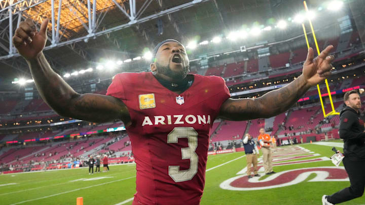 Arizona Cardinals safety Budda Baker (3) celebrates after beating the New York Jets 31-6 at State Farm Stadium.
