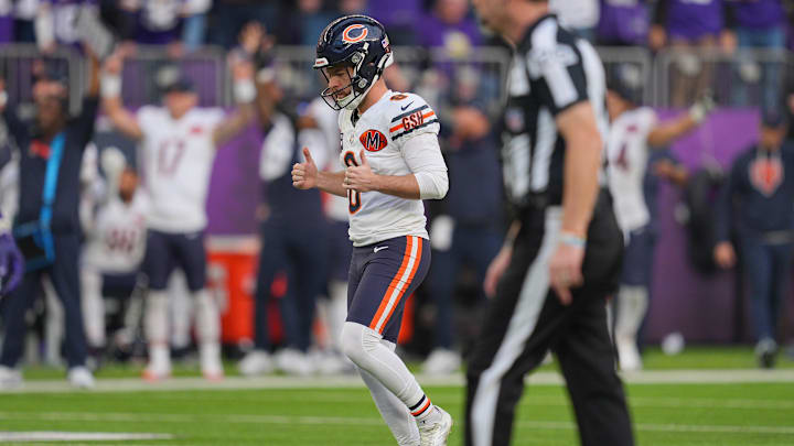 Nov 16, 2025; Minneapolis, Minnesota, USA; Chicago Bears kicker Cairo Santos (8) reacts after kicking a game-winning field goal during the fourth quarter against the Minnesota Vikings at U.S. Bank Stadium. Mandatory Credit: Brad Rempel-Imagn Images