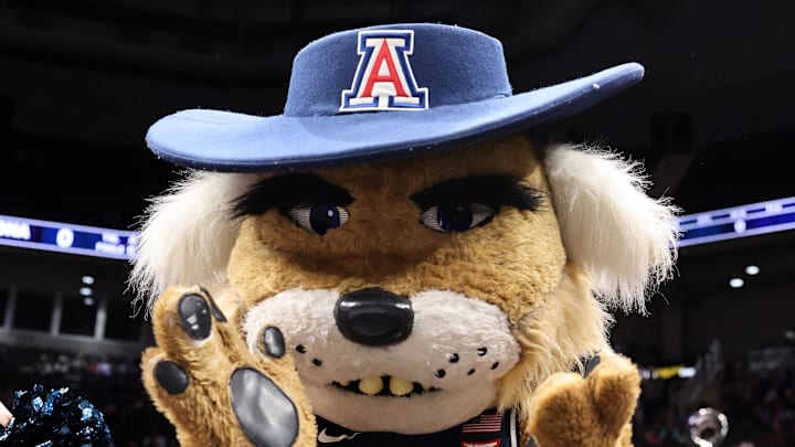 Mar 15, 2025; Kansas City, MO, USA; The Arizona Wildcats mascot performs for the Big 12 Conference Tournament Championship game at T-Mobile Center. Mandatory Credit: William Purnell-Imagn Images