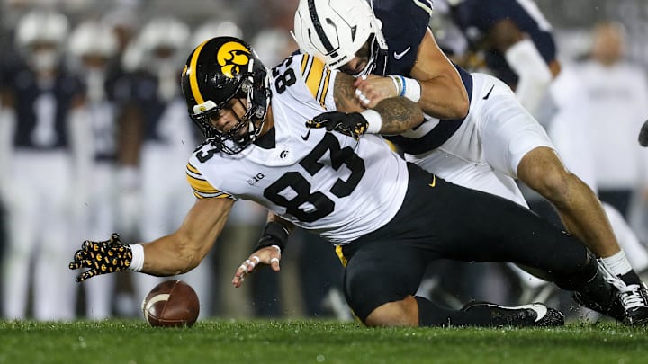 Sep 23, 2023; University Park, Pennsylvania, USA; Iowa Hawkeyes tight end Erick All (83) drops a